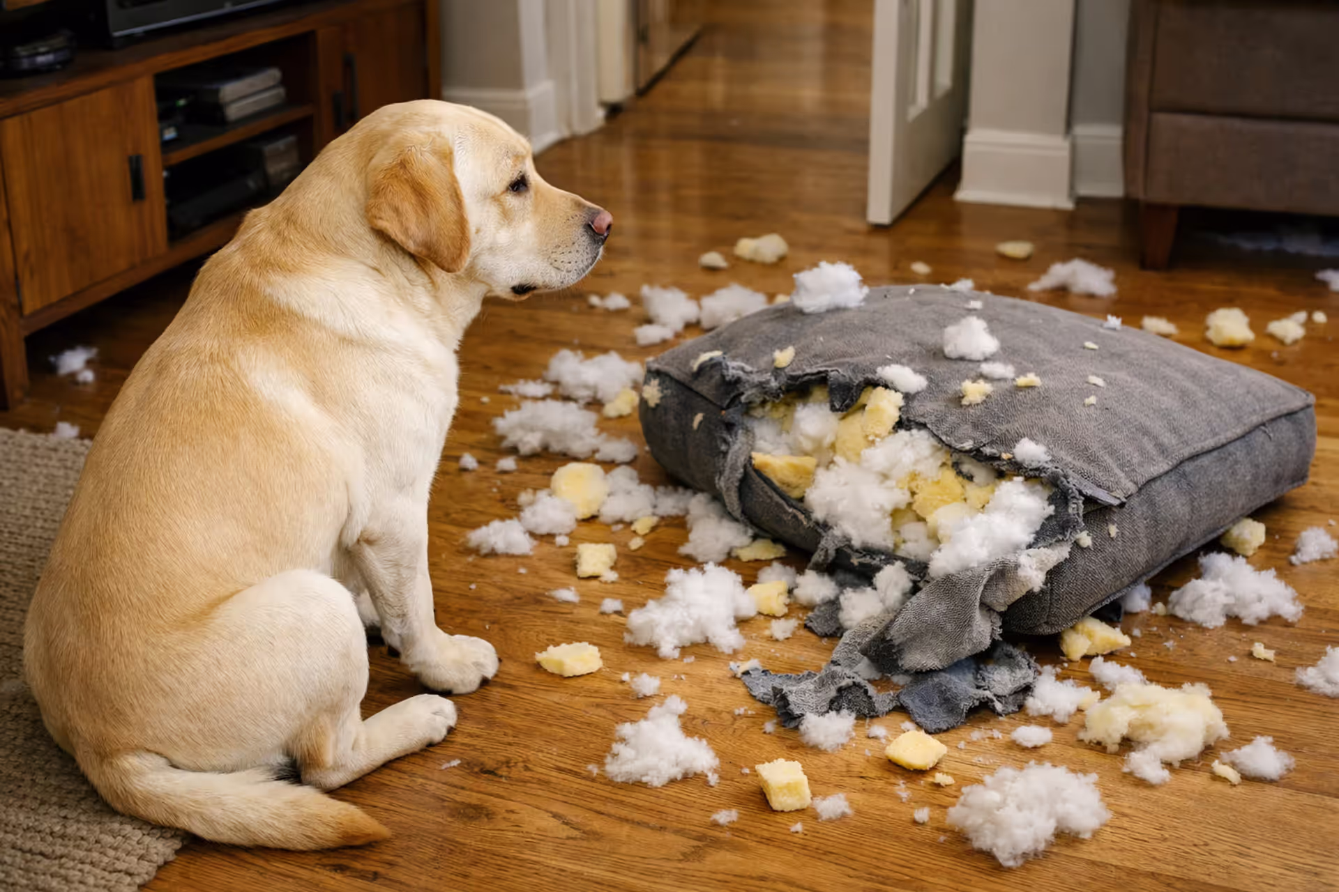 Anxious Labrador sitting next to destroyed couch cushion with stuffing scattered on floor