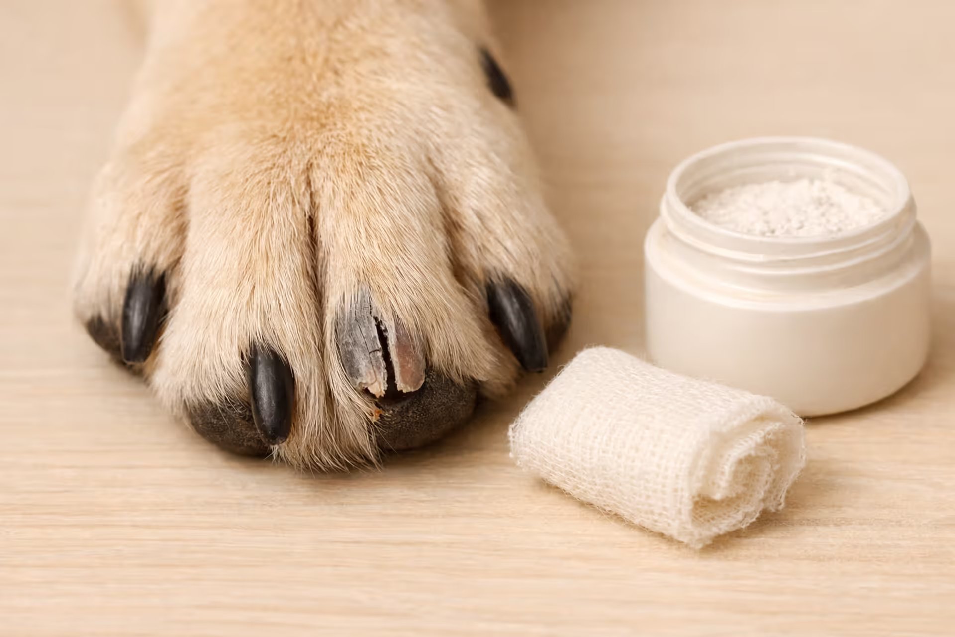 Dog paw with a broken nail next to styptic powder and gauze