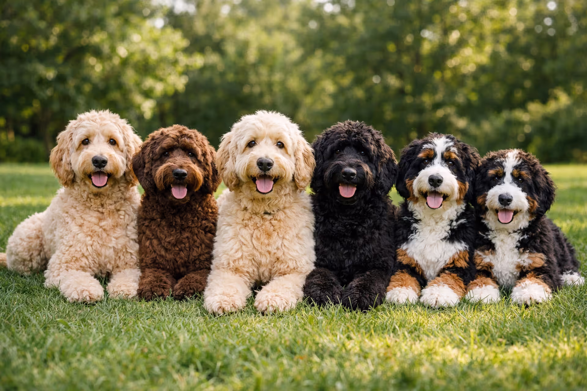 Several doodle dogs of different breeds and sizes sitting together on green grass outdoors