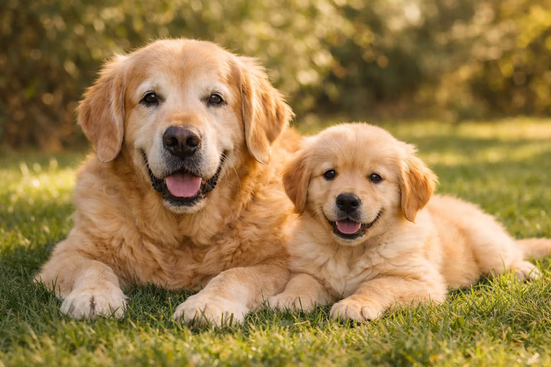Golden retriever puppy and senior dog lying together on green grass
