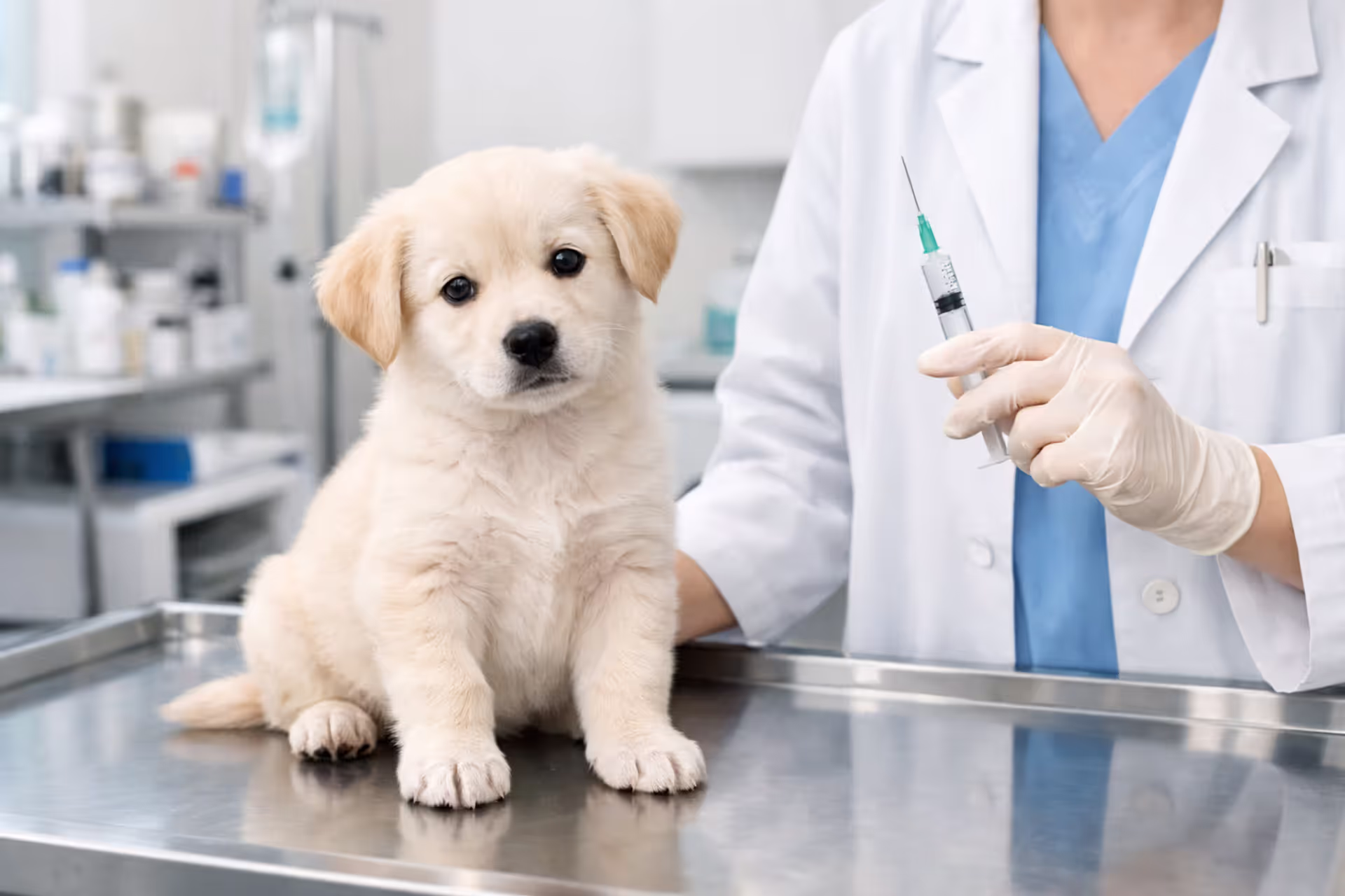 Puppy on vet table receiving vaccination from veterinarian