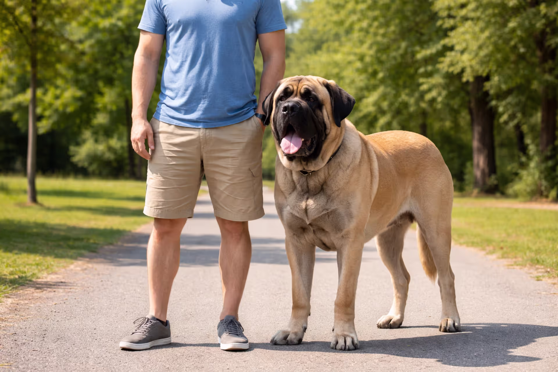 English Mastiff standing next to an adult human, reaching waist height