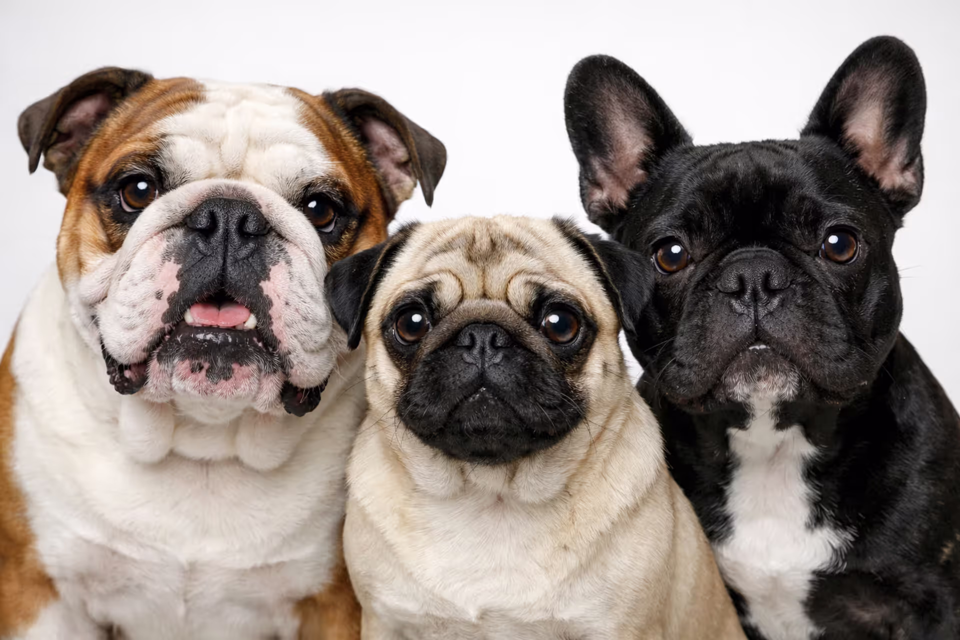 Three flat-faced dog breeds — English Bulldog, Pug, and French Bulldog — sitting side by side