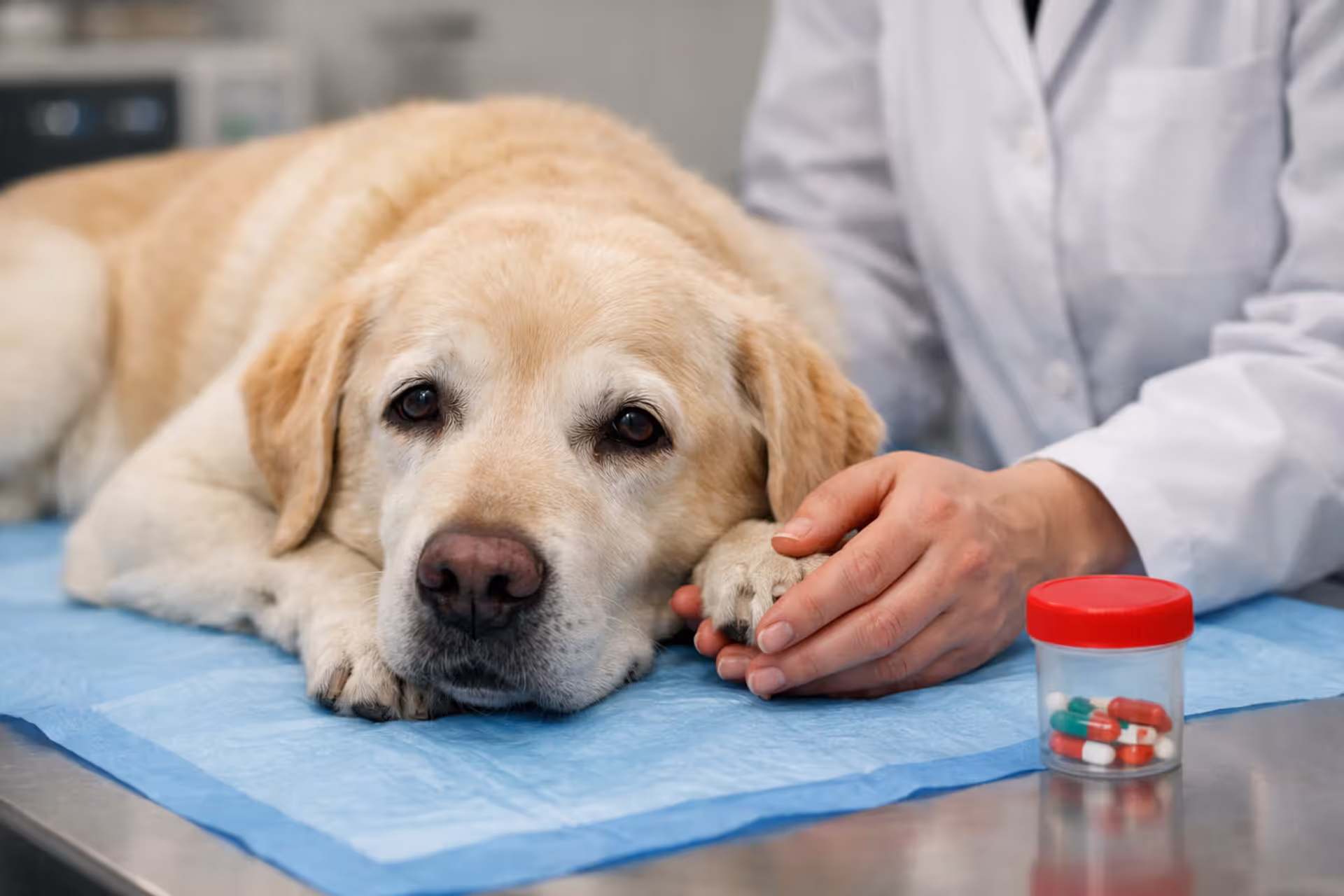 Elderly Labrador walking with hip dysplasia showing signs of mobility difficulty