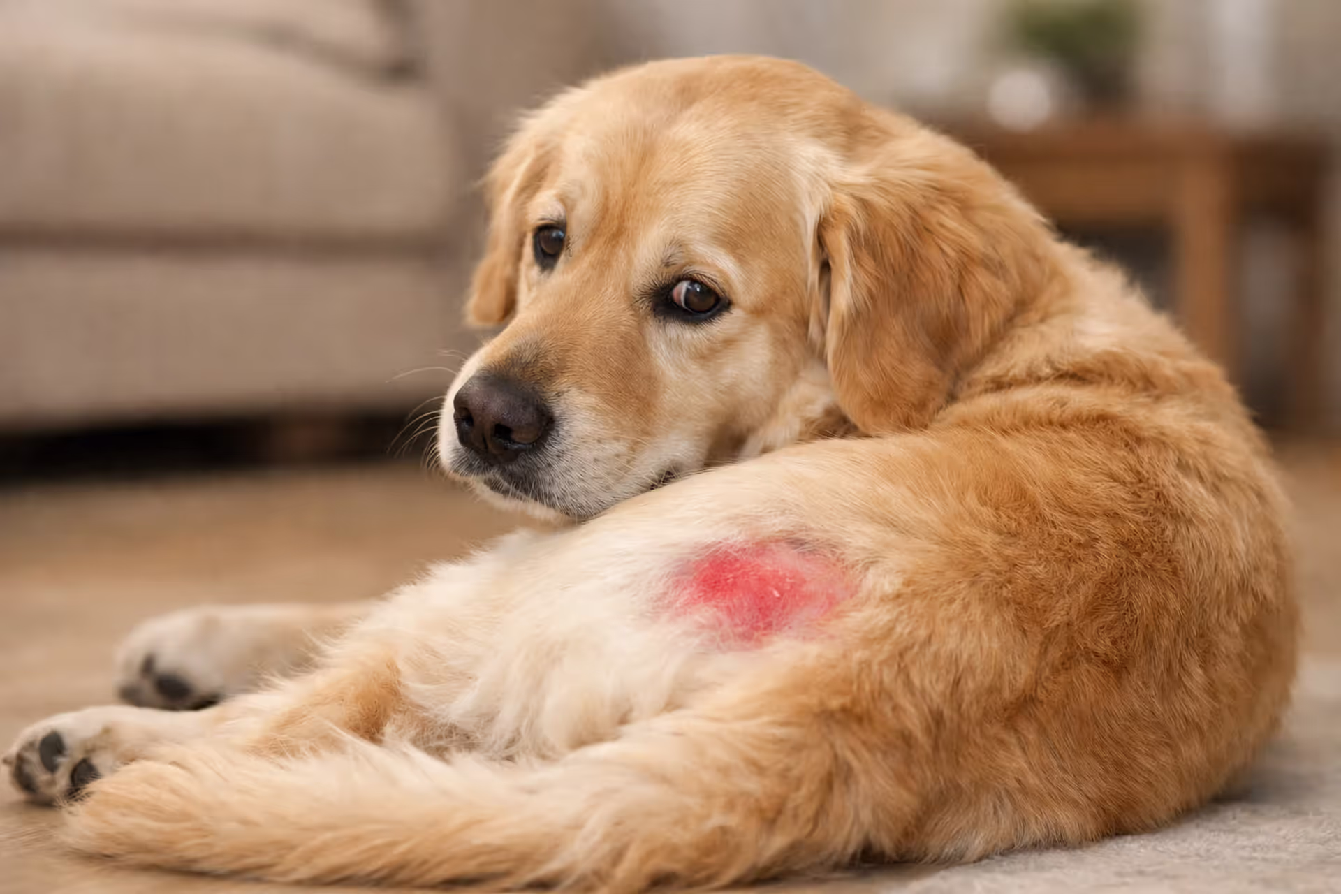Golden Retriever looking back at a red irritated hot spot on its hip while lying on the floor at home