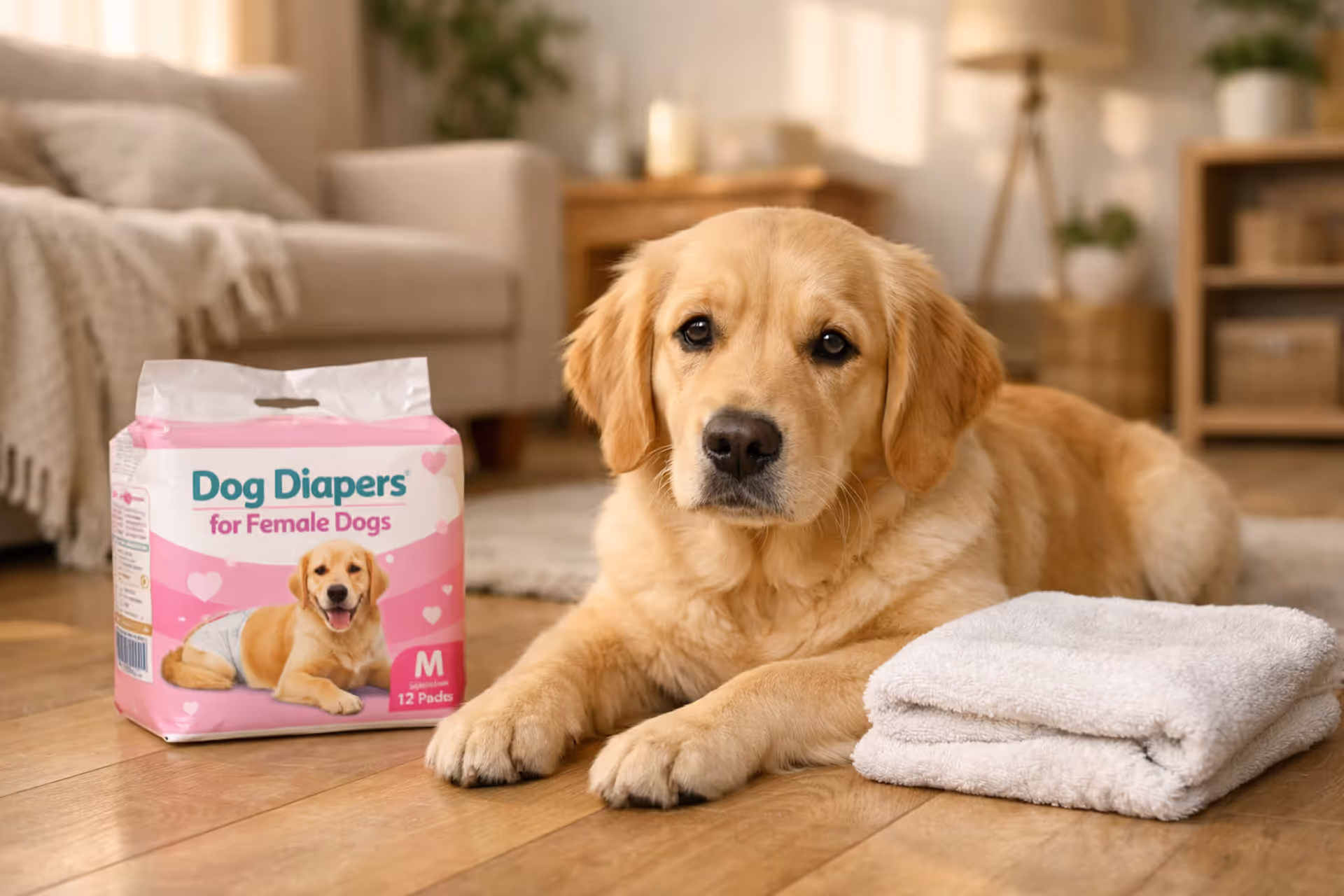 Golden retriever lying on a hardwood floor next to dog diapers and a soft towel — preparing for a heat cycle at home